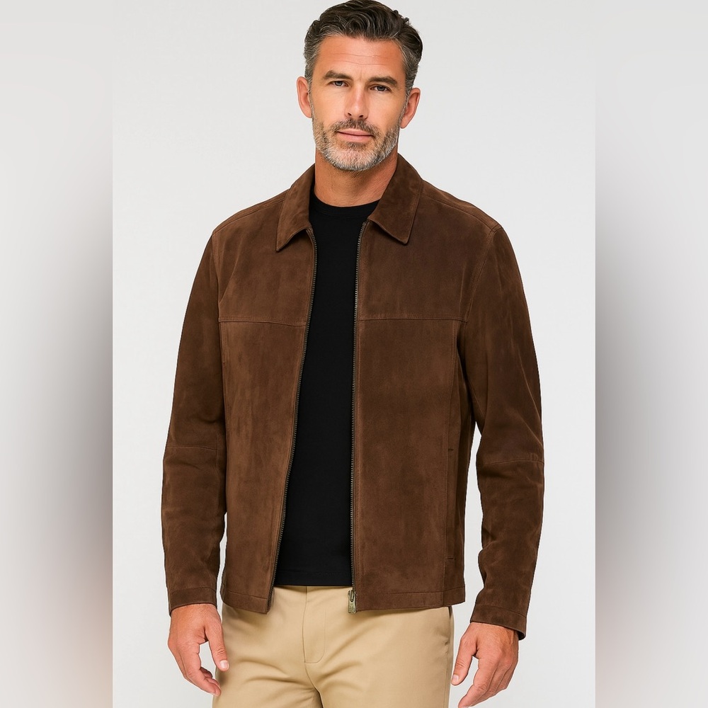 Claiborne Men's Brown Suede Jacket Y2K Vintage Long Sleeve Zip Up size Large